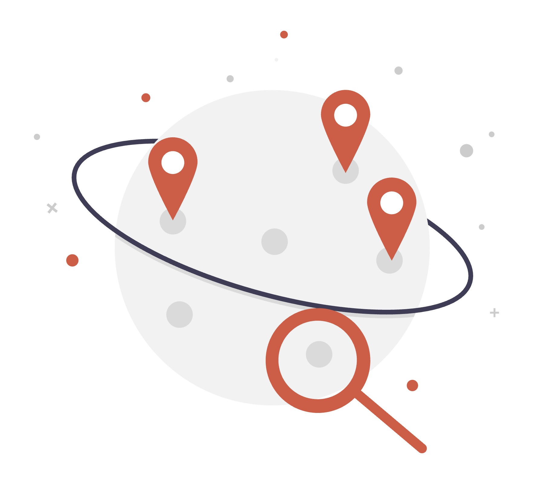 Grant finding map with location pins and search magnifying glass